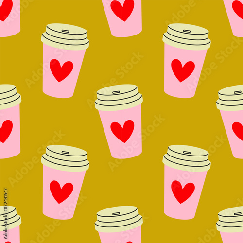 Coffee cups with hearts in a playful pattern on a vibrant yellow background
