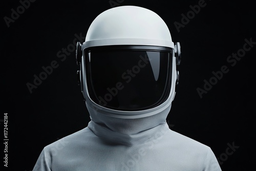 A faceless astronaut in a sleek, white suit and helmet stands against a dark background, evoking themes of space exploration and mystery. photo