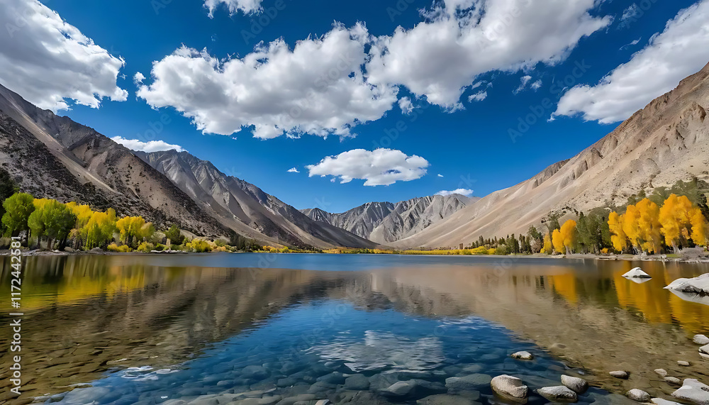 Obraz premium crystal clear water of the lake in mountains with blue sky
