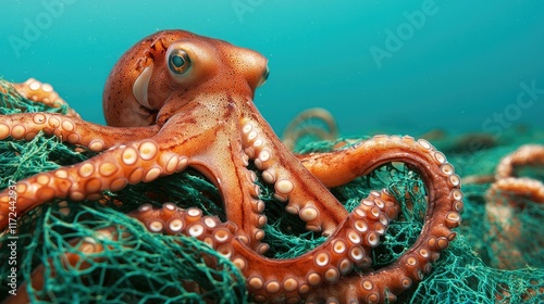Obraz na płótnie A close-up view of an octopus entangled in discarded fishing nets beneath the ocean, a powerful visual highlighting the threat of marine pollution and its impact on underwater wildlife. w salonie