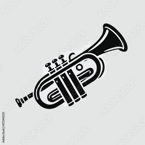 Vector hand drawn illustration of trumpet. Isolated on black.	