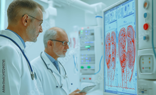 Nephrology  dialysis management. A nephrologist explains dialysis procedures to a patient in a clinical setting.