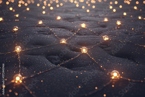 mesmerizing network of glowing orbs connected by delicate lines on dark surface, creating captivating visual effect