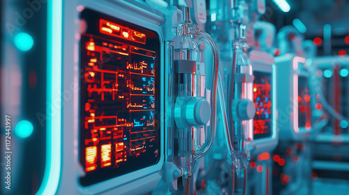 Nephrology  dialysis management. An automated peritoneal dialysis machine in a hospital setting. photo