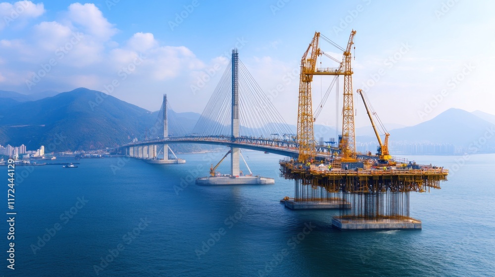A bridge construction site over water with cranes and mountains.