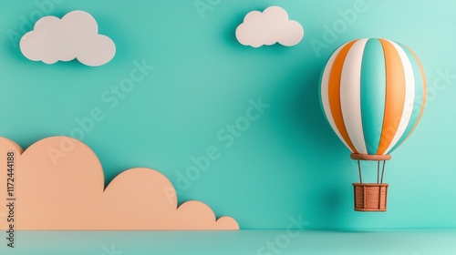 Colorful Hot Air Balloon with Clouds on a Mint Background