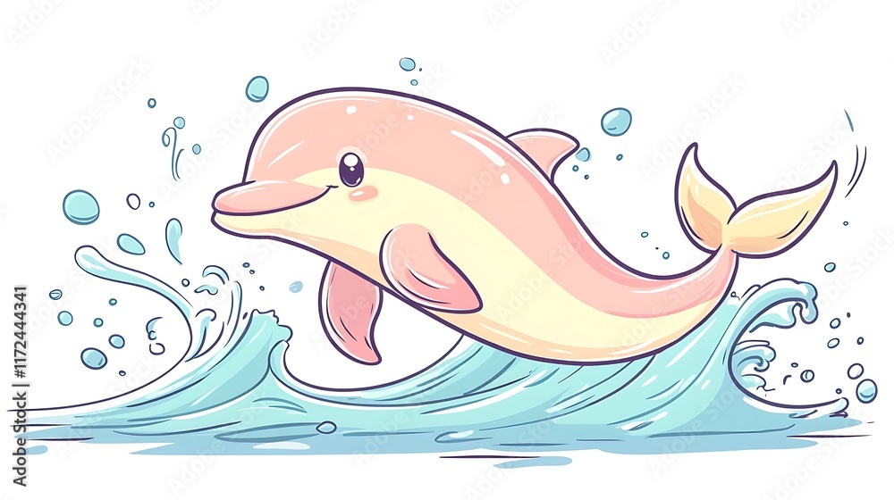 A cheerful dolphin arching out of a pastel wave, surrounded by soft pastel splashes, minimalist white background, kawaii-inspired hand-drawn style, hd rendering, smooth and natural textures. A cheerful dolphin arching out of a pastel wave, surrounded by soft pastel splashes, minimalist white background, kawaii-inspired hand-drawn style, hd rendering, smooth and natural textures.