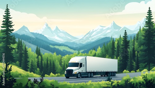 Environmentally conscious logistics design, a green truck driving through a forested landscape photo