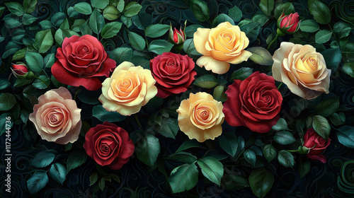 Red & yellow roses blooming in a dark, leafy garden background, wall mural design