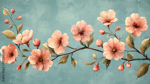 Pink cherry blossom branch on textured teal background