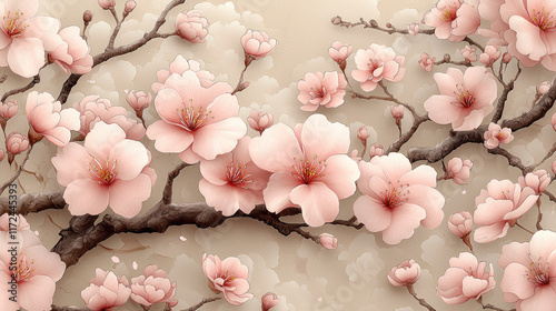 Pink cherry blossoms blooming on branches, soft background, wall mural design