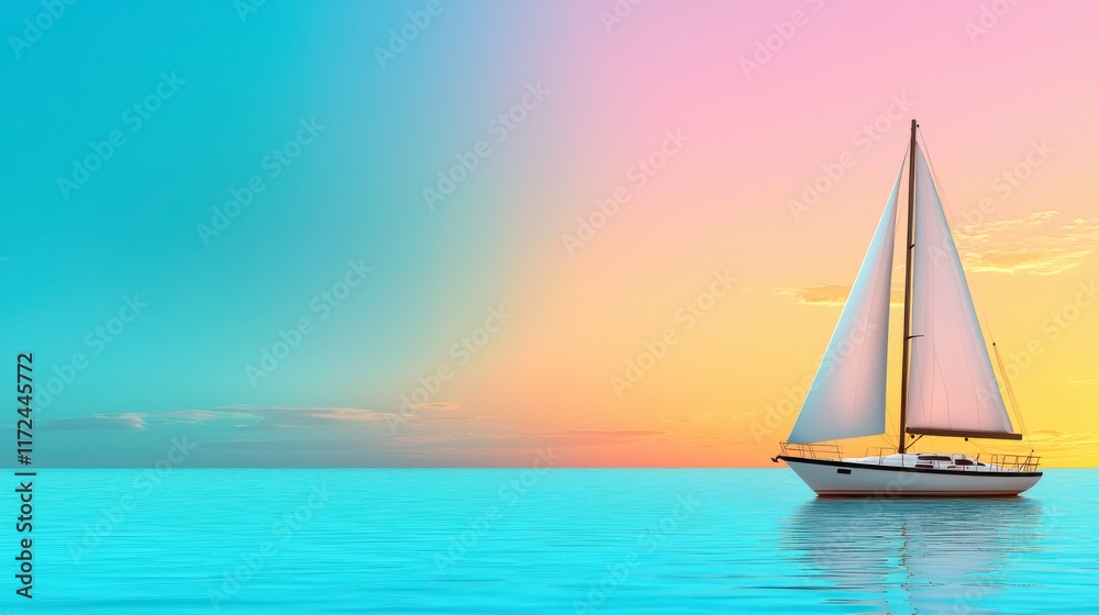 Fototapeta premium Serene Sailboat on Calm Waters Under Vibrant Sunset Sky