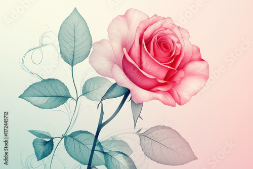 Pink rose blossom with ethereal leaves on pastel background, ideal for romantic designs