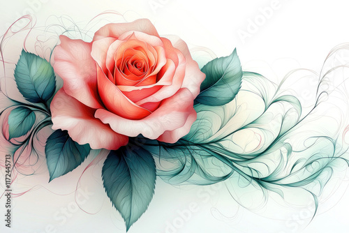 Peach rose with green leaves and swirling background on white, ideal for prints