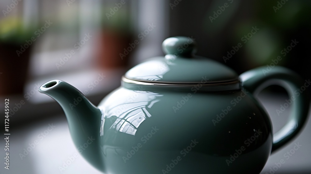 Close-up of a Teal Ceramic Teapot on a Table Close-up of a Teal Ceramic Teapot on a Table