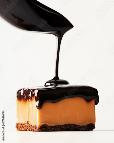 Decadent dessert with rich caramel base topped with flowing dark chocolate sauce, perfect for sweet cravings. photo