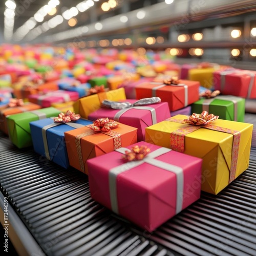 Pile of Colorful Packages on Conveyor Belt, Digitally rendered, Zooming in at Dramatic Angle photo