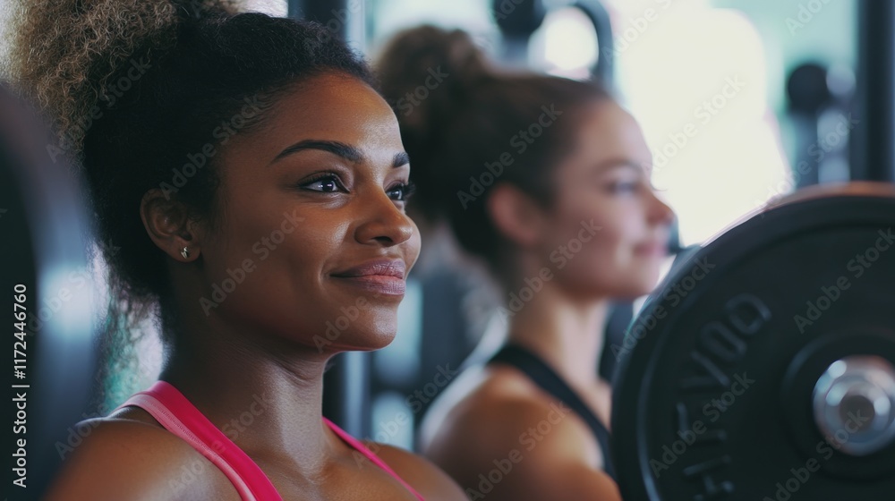 Fototapeta premium Two young women exercising with weights in gym environment