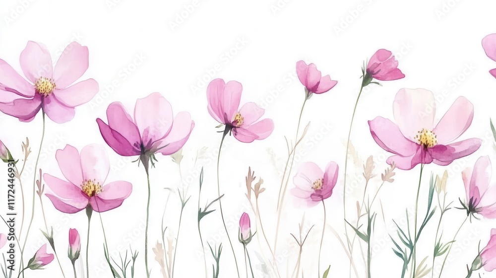 Naklejka premium Watercolor Illustration set of Pink cosmos flowers on a white background,spring summer nature,Vibrant pink cosmos blooming,Children's card,banner,raindrops drawn by hand.