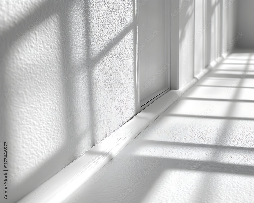 Obraz premium Sunlight streams through windows onto a white hallway floor.
