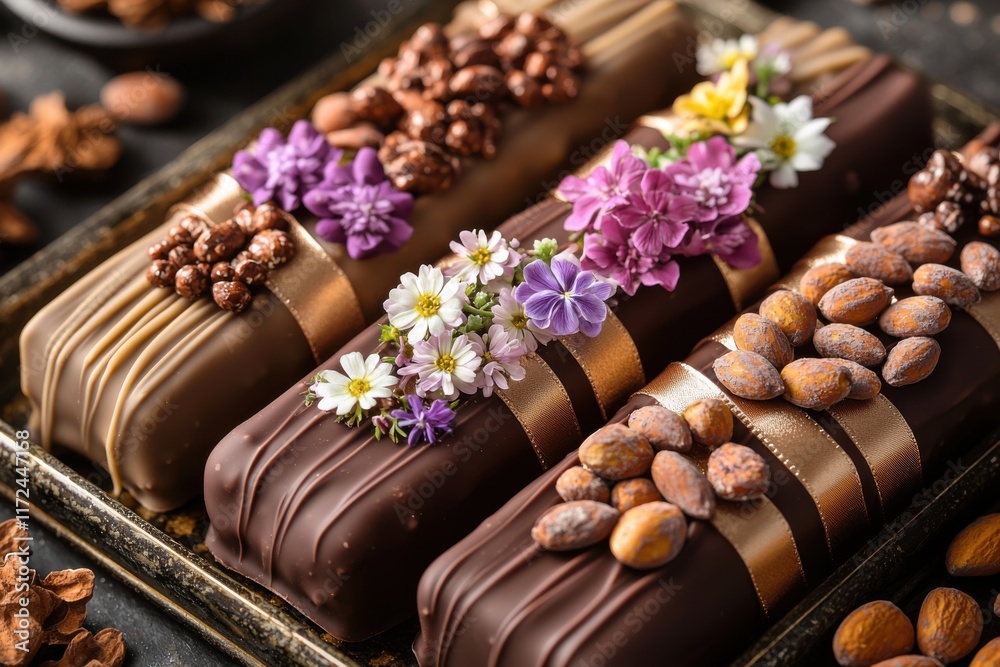 Obraz premium Artisanal Chocolate Covered Almonds with Edible Flowers and Satin Ribbons