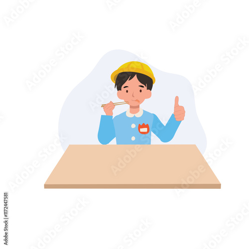 Kindergarten boy sitting at desk enjoying meal with chopsticks and thumbs up