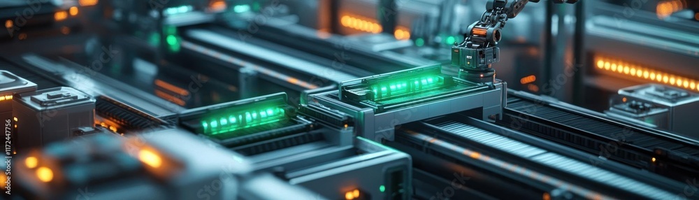Render a futuristic cargo management center with interconnected conveyor belts, glowing green terminals, and robotic arms in motion Render a futuristic cargo management center with interconnected conveyor belts, glowing green terminals, and robotic arms in motion