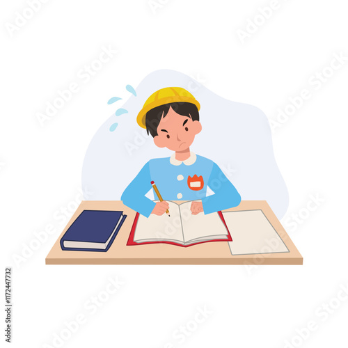 child in kindergarten uniform deeply focused on homework assignment