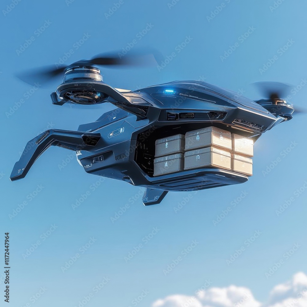 Show a sleek, futuristic cargo drone whirring above, carrying a stack of packages, reflecting precision engineering Show a sleek, futuristic cargo drone whirring above, carrying a stack of packages, reflecting precision engineering