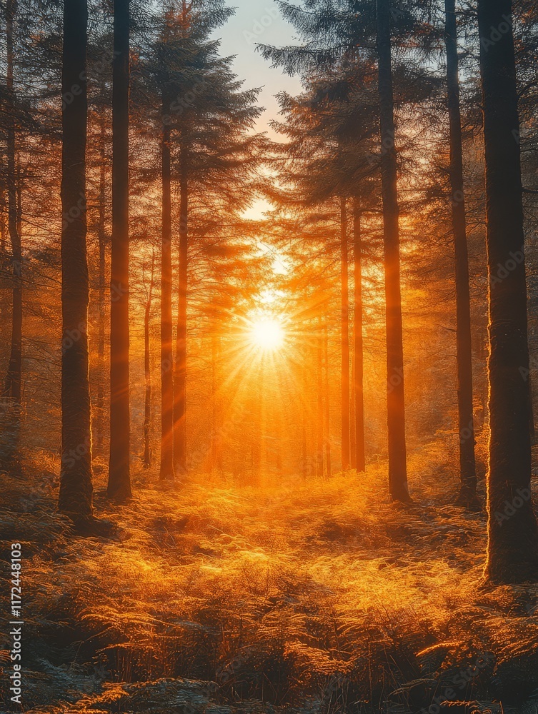 Obraz premium A serene forest scene at sunset, with sunlight filtering through tall trees and ferns.