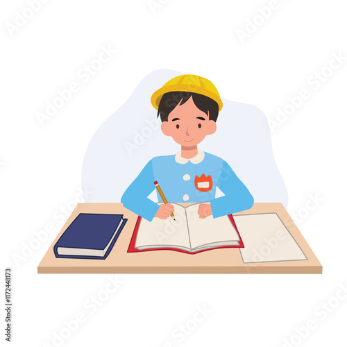 kindergarten student studying at school desk in japanese school uniform