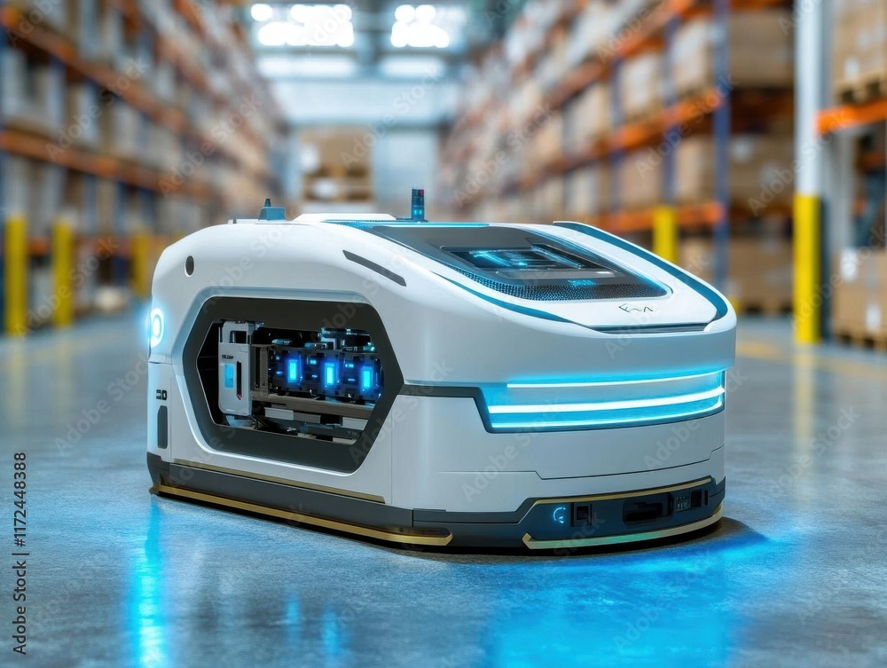 Fototapeta premium Sleek, futuristic, robotic cargo loader in a bustling warehouse