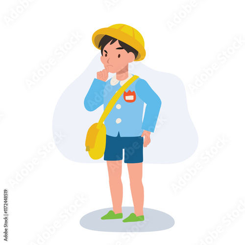 Kindergarten Boy in School Uniform Thinking Seriously Focused on Studying and Learning