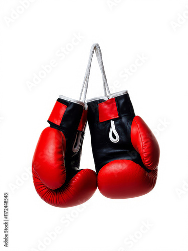 Red and black boxing gloves hanging vertically on a white background