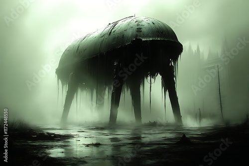 Decaying alien walker in swampy, foggy landscape.