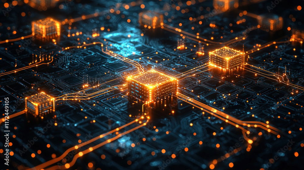 Fototapeta premium Glowing cubes on circuit board, data flow, dark background, tech concept
