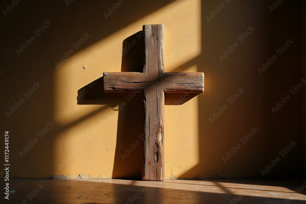 Naklejka premium Wooden cross photograph with harsh lighting to create shadow cast onto backgroun.