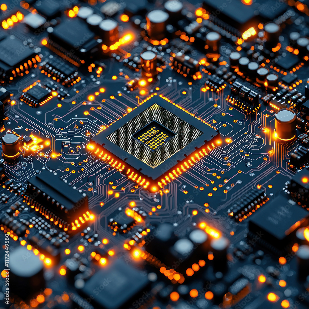 Glowing CPU on circuit board with active components, close-up, tech background Glowing CPU on circuit board with active components, close-up, tech background