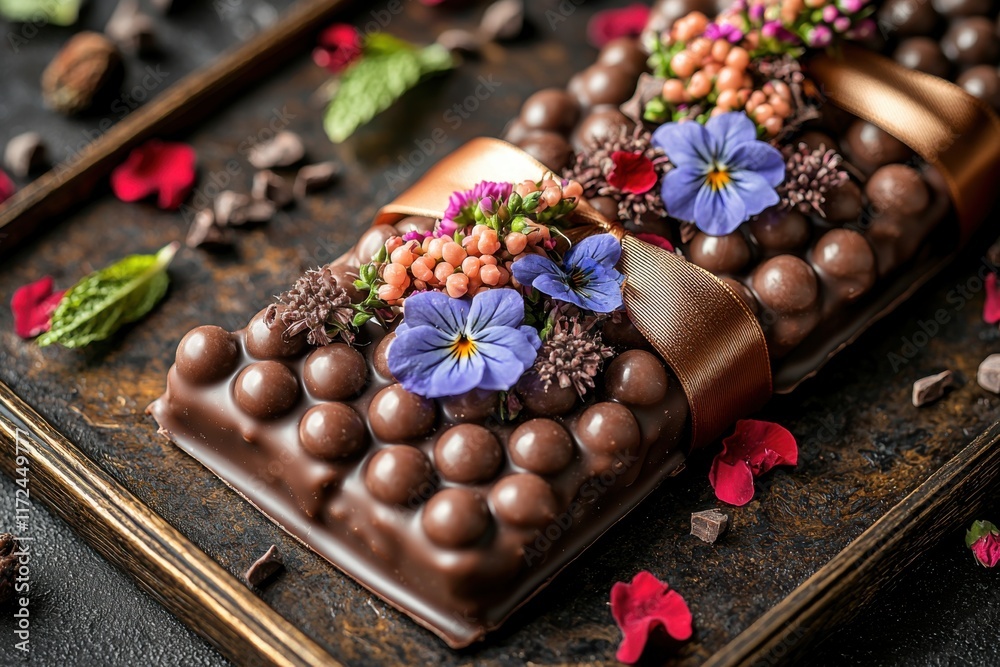 Artisanal Chocolate Pearls with Edible Flowers and Satin Ribbon Artisanal Chocolate Pearls with Edible Flowers and Satin Ribbon