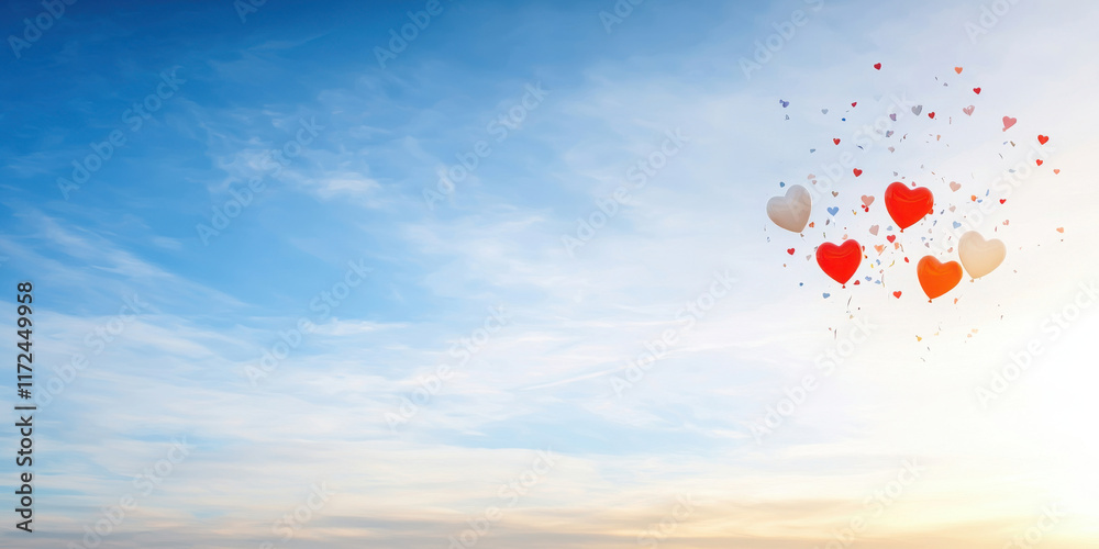 Fototapeta premium Hearts and balloons float in blue sky, creating joyful and romantic atmosphere