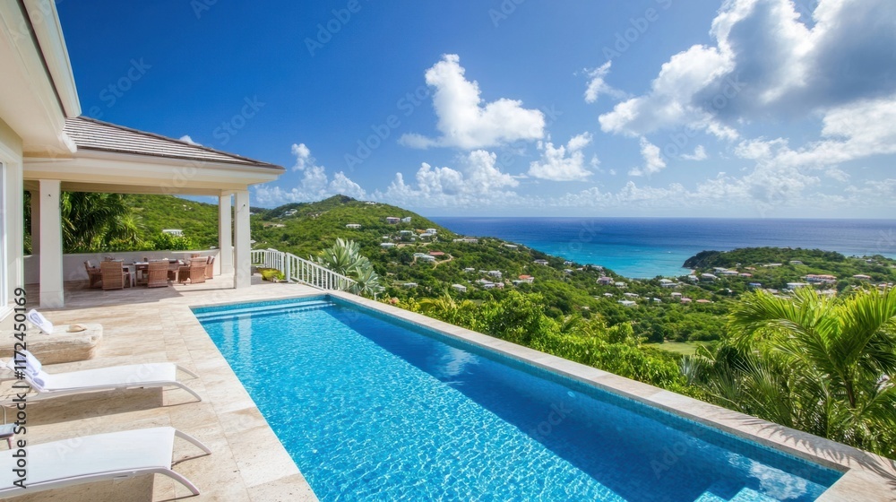 A stunning villa terrace featuring a spacious pool and panoramic views of a lush green tropical landscape A stunning villa terrace featuring a spacious pool and panoramic views of a lush green tropical landscape