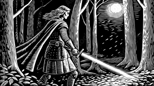 Black and white illustration of a warrior holding a sword in a moonlit forest with a flowing cape