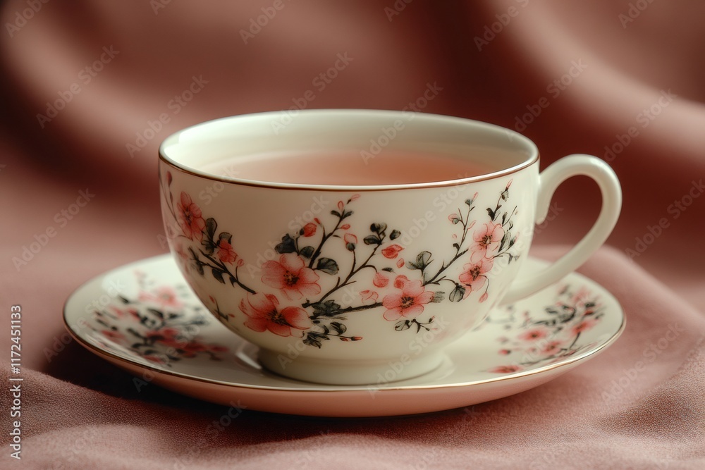 Floral teacup filled with pink herbal tea on a dusty rose background Floral teacup filled with pink herbal tea on a dusty rose background