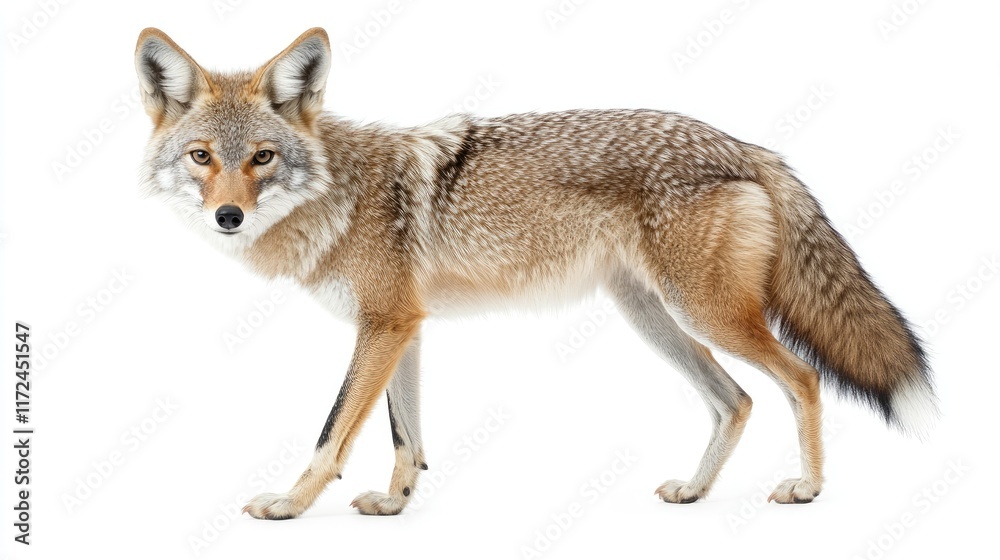 Fototapeta premium A side view of a coyote standing on a white background.