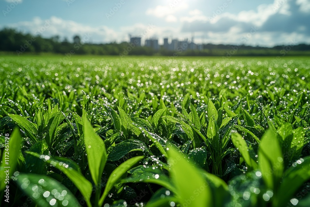 Fototapeta premium A green field with tall grass, showcasing a small bioenergy plant in the background producing clean. Generative AI