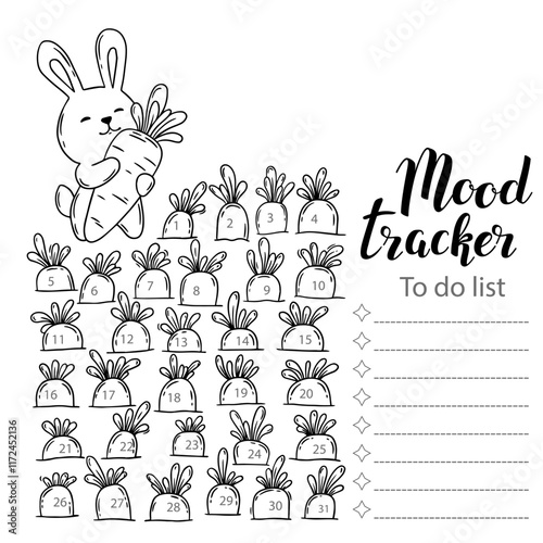 Mood tracker, to doo list, blank with hand drawn lettering and floral sketch. Bullet journal or monthly planer template. Printable organizer, diary, planner for important goals
