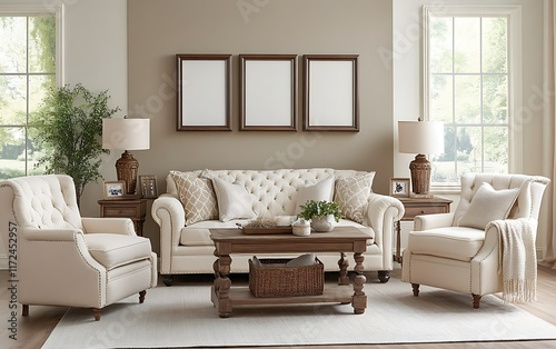 Elegant living room furniture set, interior design, home decor, cozy atmosphere, relaxation. photo