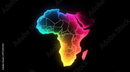 Vibrant Neon Map of Africa with Bright Colors on Black Background