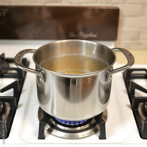 A pot of boiling water sits on a stove burner