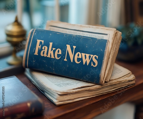 Fake news label on stack of old newspapers covering real news photo